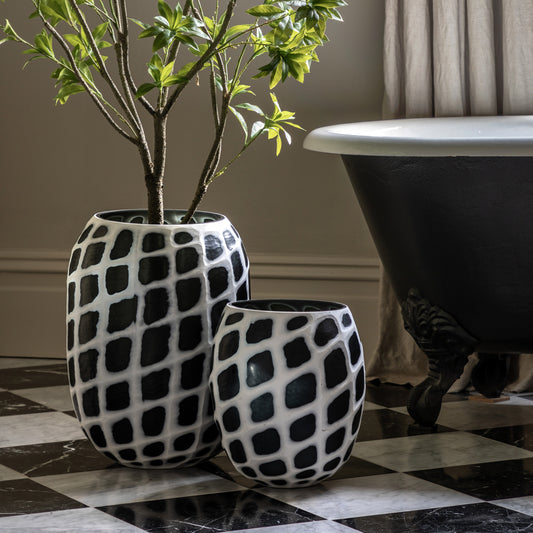Gallery Direct Valencia Handblown Carved Mono Glass Vase Black and White Large, styled in a supplier lifestyle setting