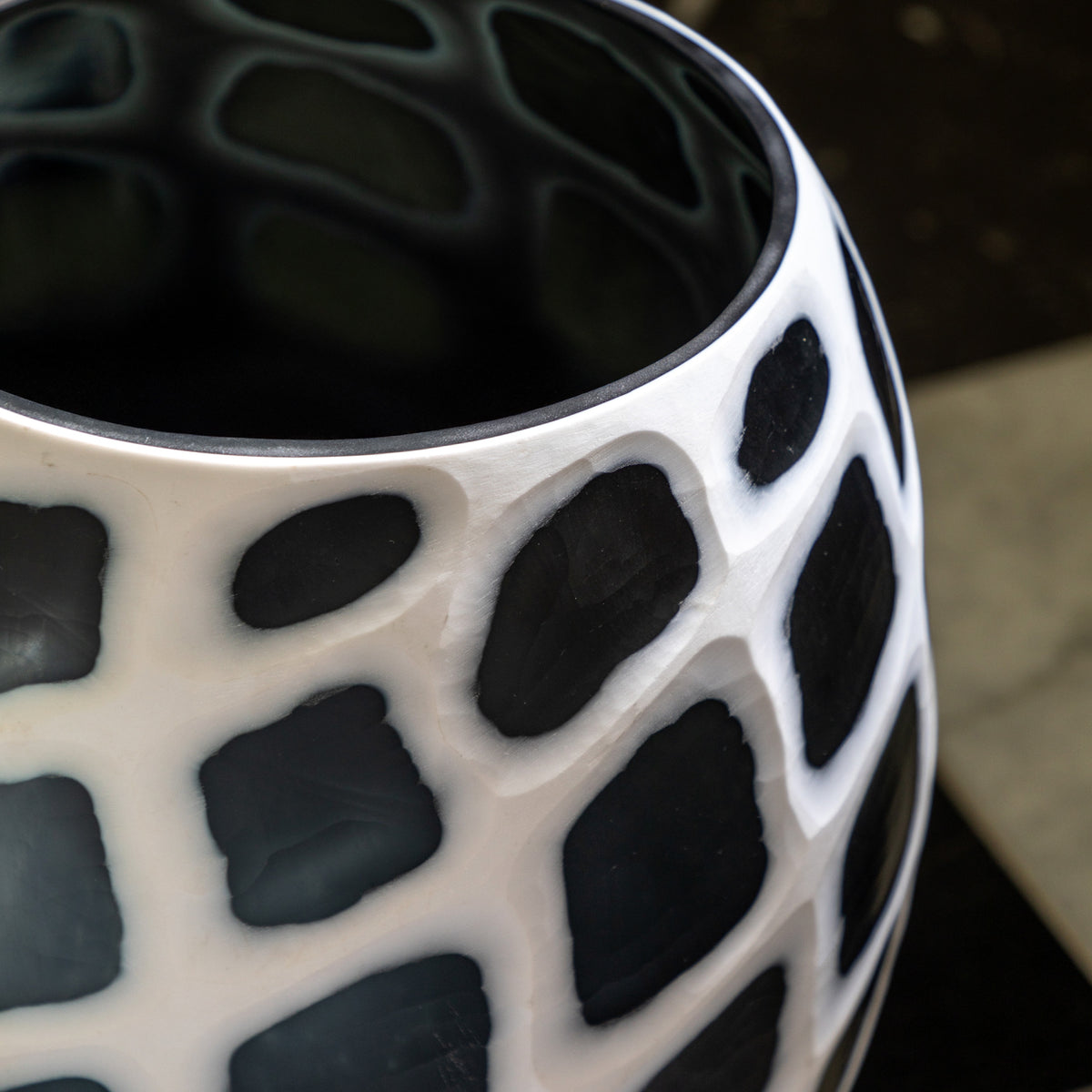Gallery Direct Valencia Handblown Carved Mono Glass Vase Black and White Small, close-up showing its finish and detail