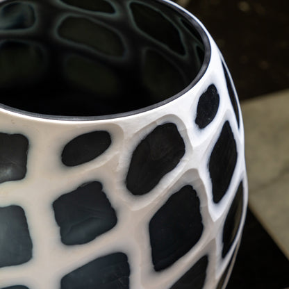 Gallery Direct Valencia Handblown Carved Mono Glass Vase Black and White Small, close-up showing its finish and detail