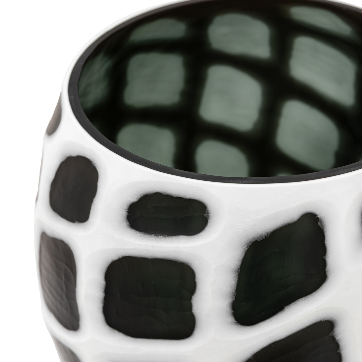 Gallery Direct Valencia Handblown Carved Mono Glass Vase Black and White Small, close-up showing its finish and detail
