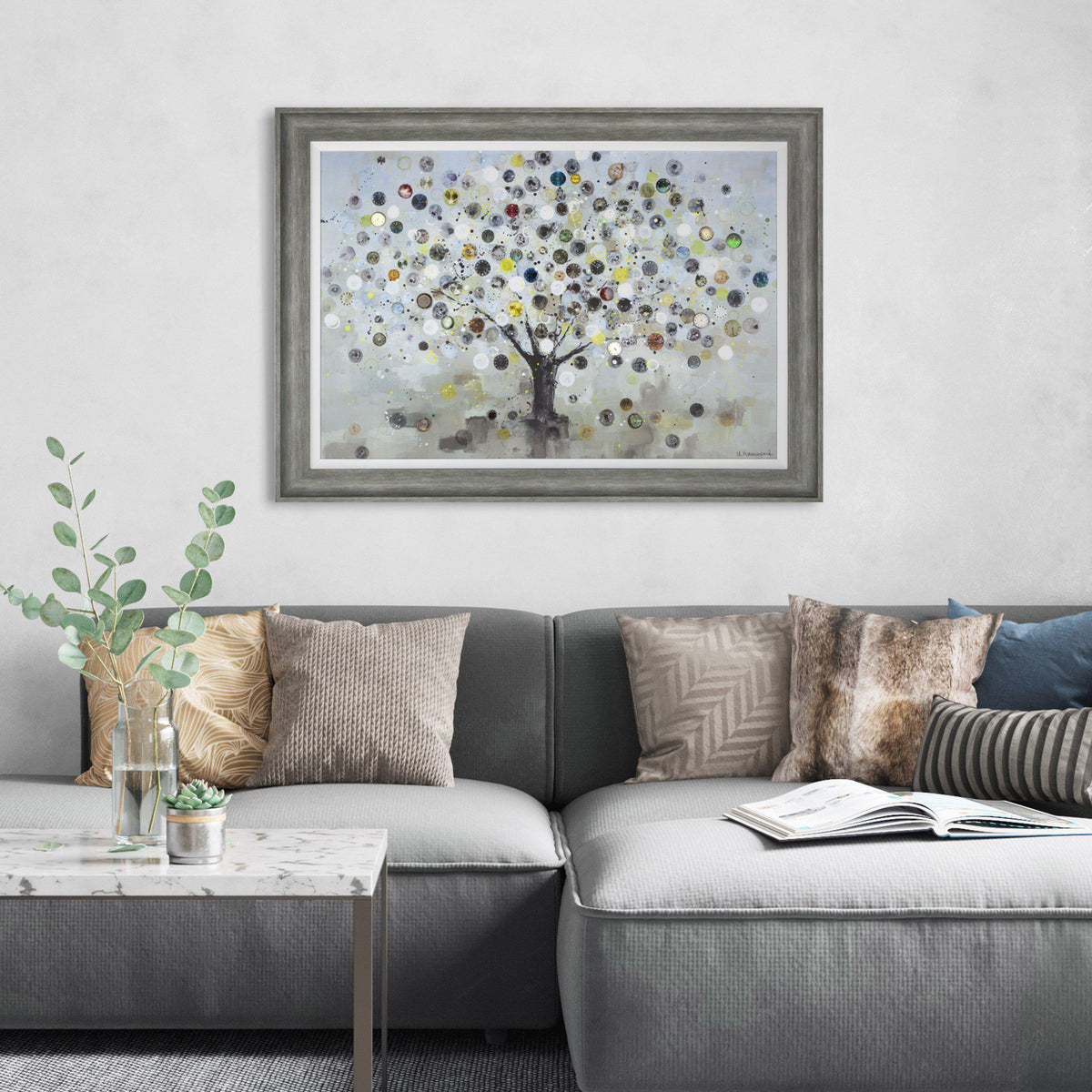 Gallery Direct Watch Tree Framed Canvas displayed in a styled interior