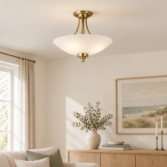 Gallery Direct Welles Ceiling Lamp Antique Brass installed in a softly lit room