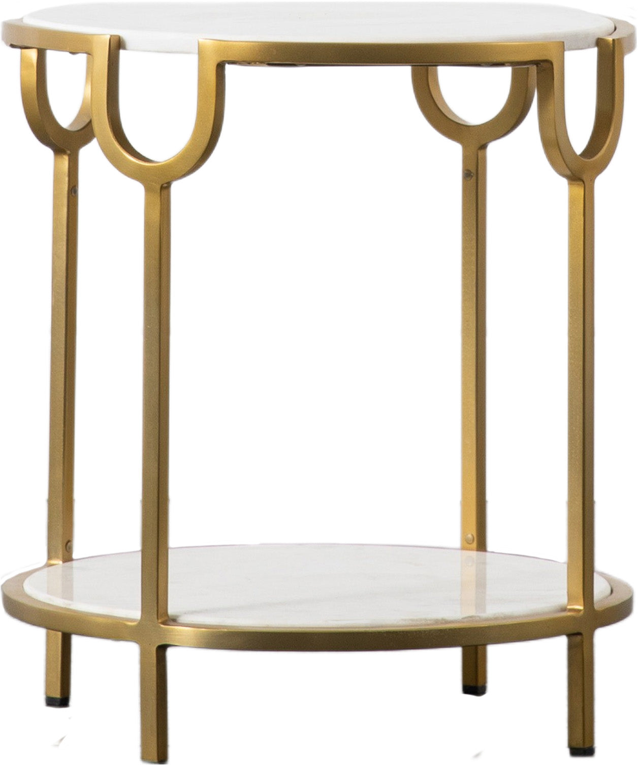 Gallery Direct Weston Side Table features a White Marble table top and lower shelf within a gold metal frame with intricate design detail
