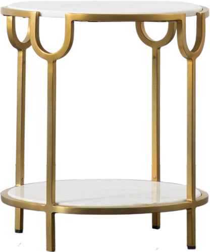 Gallery Direct Weston Side Table features a White Marble table top and lower shelf within a gold metal frame with intricate design detail