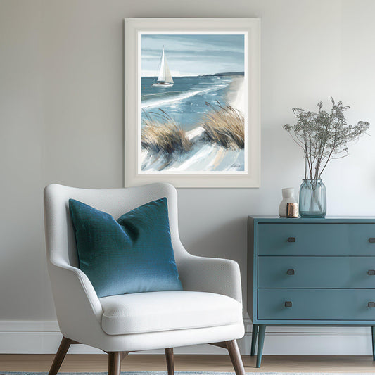 Gallery Direct White Sails Framed Canvas displayed in a styled interior