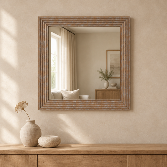 Gallery Direct Whitechapel Square Mirror Gold above an oak console in a neutral interior