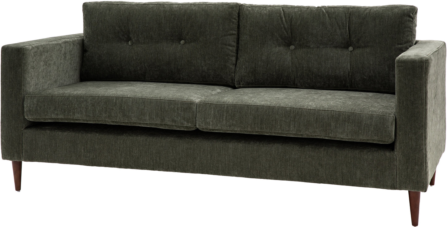 Gallery Direct Whitwell 3 Seater Sofa in Forest green upholstery with a block armrests, button tufted padded back cushions and tapered wooden legs