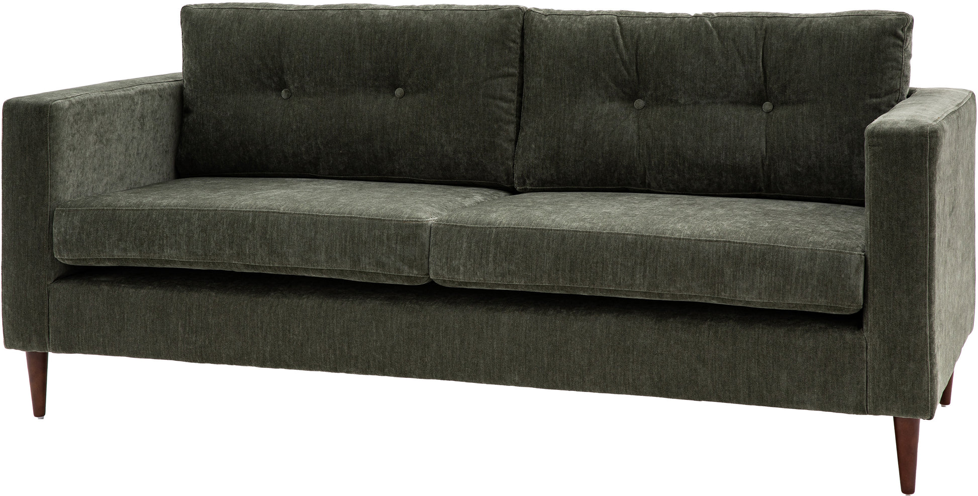 Gallery Direct Whitwell 3 Seater Sofa in Forest green upholstery with a block armrests, button tufted padded back cushions and tapered wooden legs