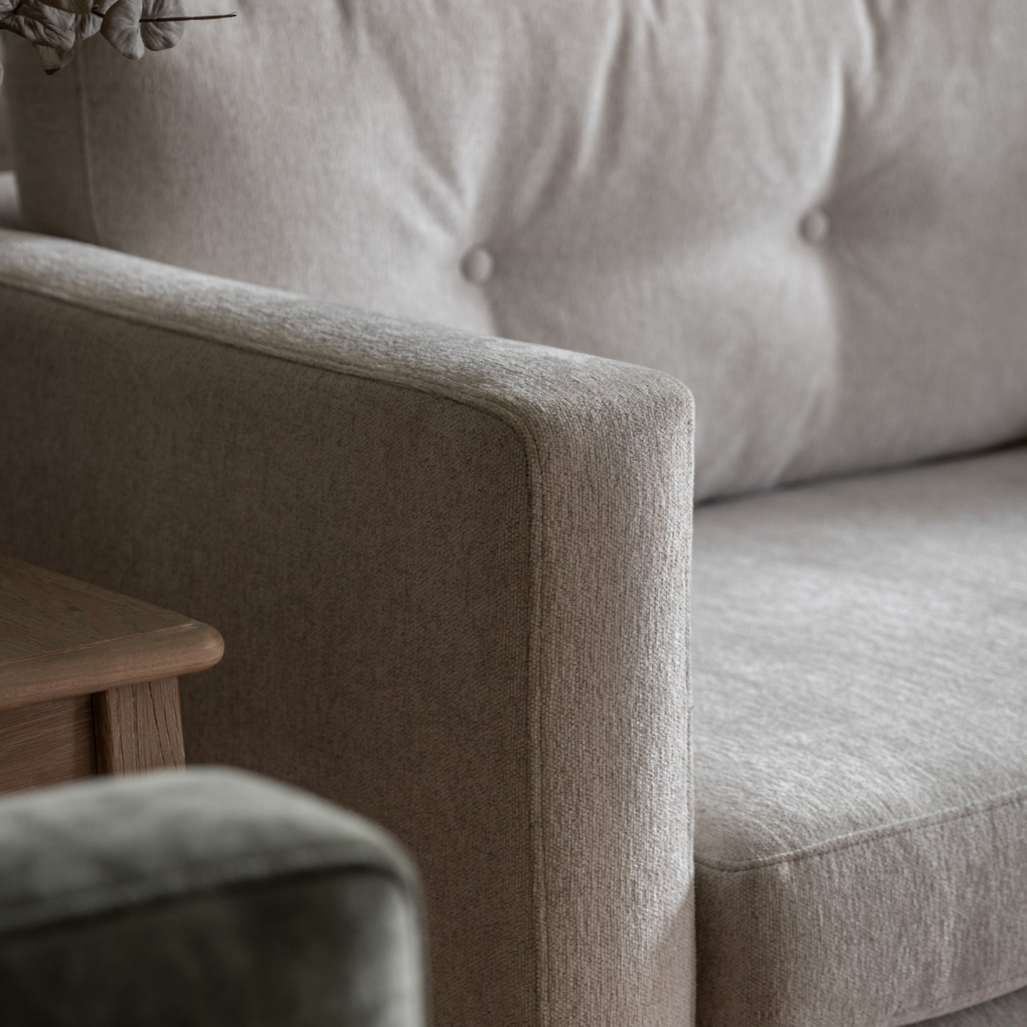 Gallery Direct Whitwell 3 Seater Sofa in Light Grey features distinctive block armrests and button tufted back cushions