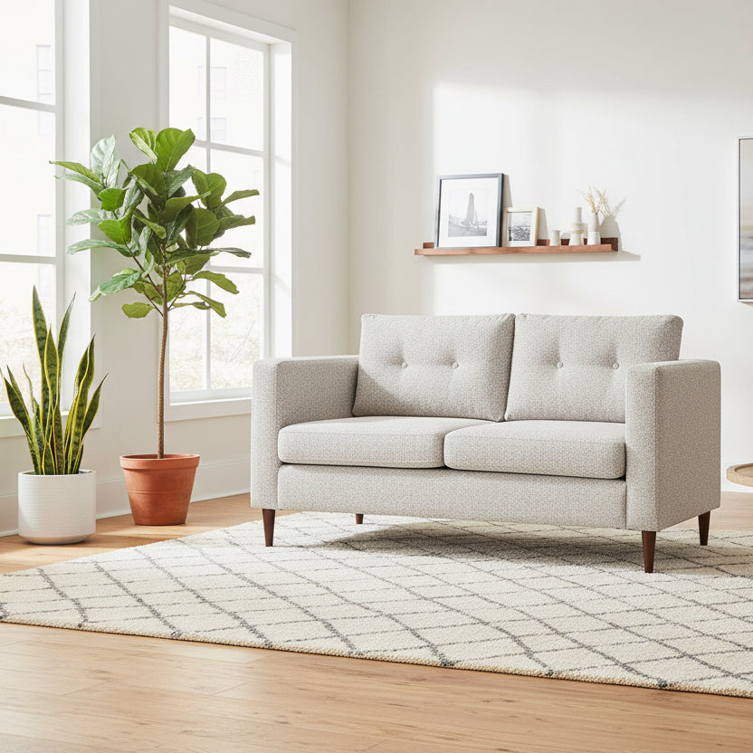 Gallery Direct Whitwell 2 Seater Sofa in Light Grey, with button tufted back cushions and tapered wooden legs