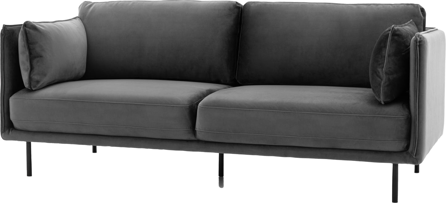 Gallery Direct Wigmore 3 Seater Sofa is upholstered in a Truffle coloured velvet fabric with black metal legs and 2 matching side cushions