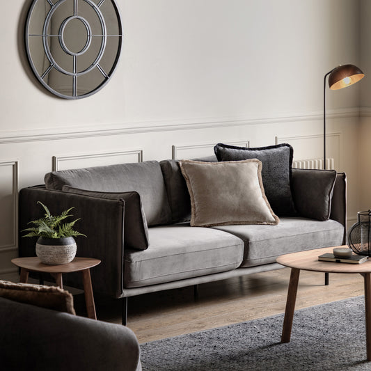 Gallery Direct Wigmore 3 Seater Sofa upholstered in a Truffle coloured velvet fabric with distinctive stitch detail and sleek black metal legs
