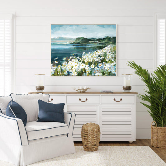 Gallery Direct Wild Daisy Bay Framed Canvas displayed in a styled interior