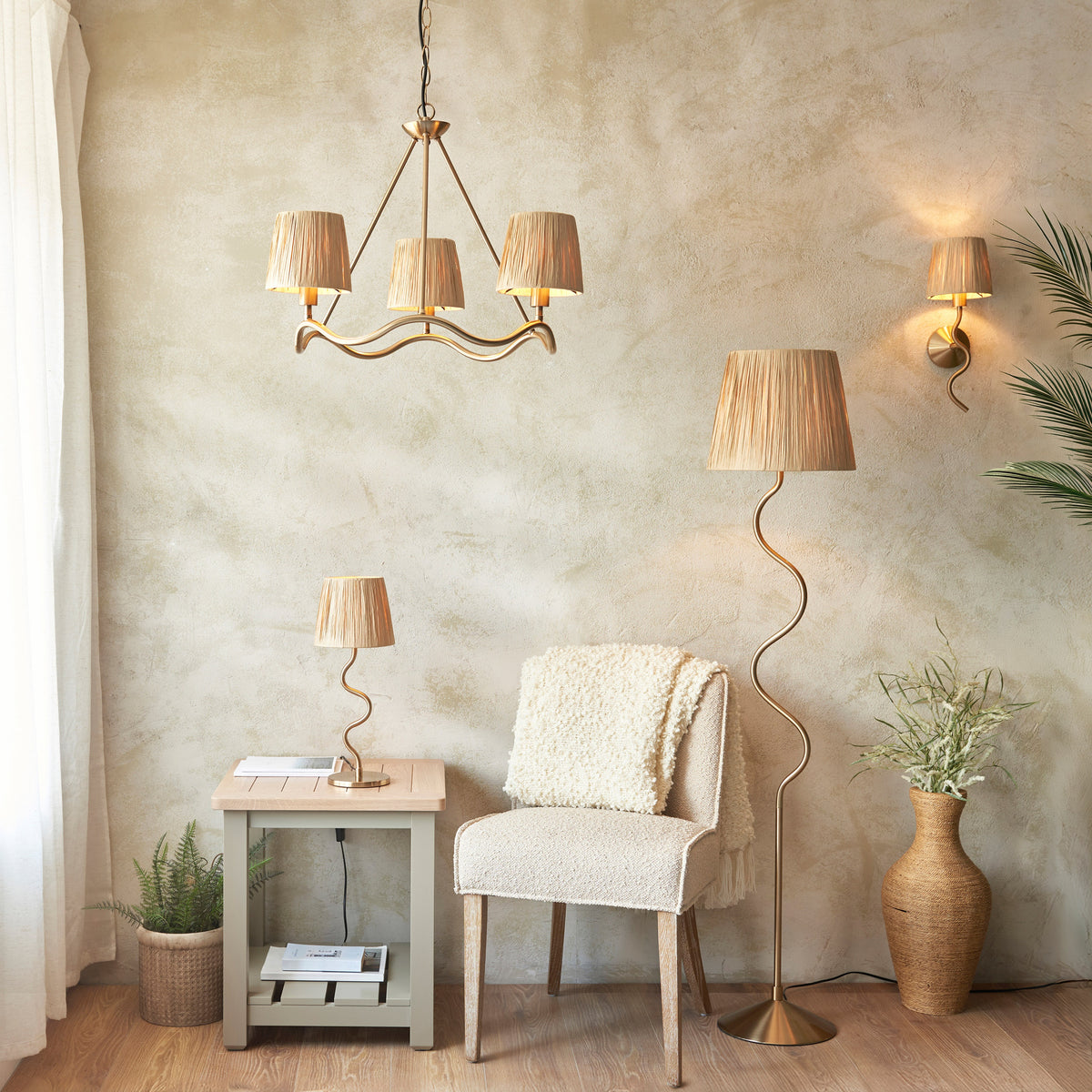 Gallery Direct Wriggle 3 Pendant Light Brushed Aged Brass, styled in a room setting