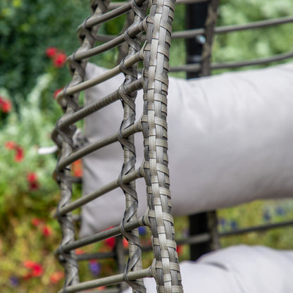 Gallery Garden Adanero Large 2 Seater Hanging Chair with a natural toned open wickerwork basket frame and plush padded cushions