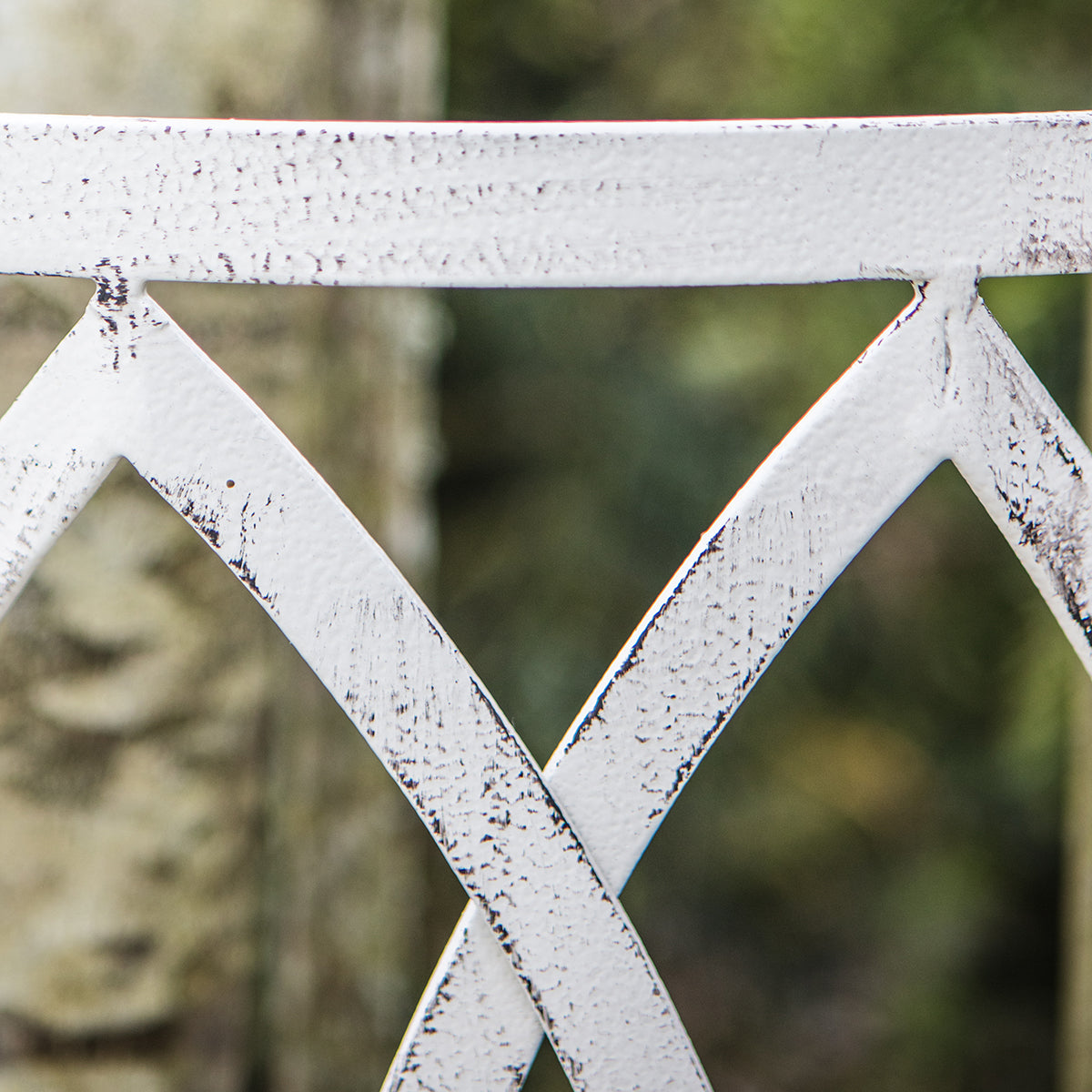 Gallery Garden Alberoni Outdoor Tree Bench Seat Painted in Distressed White on the metal frame