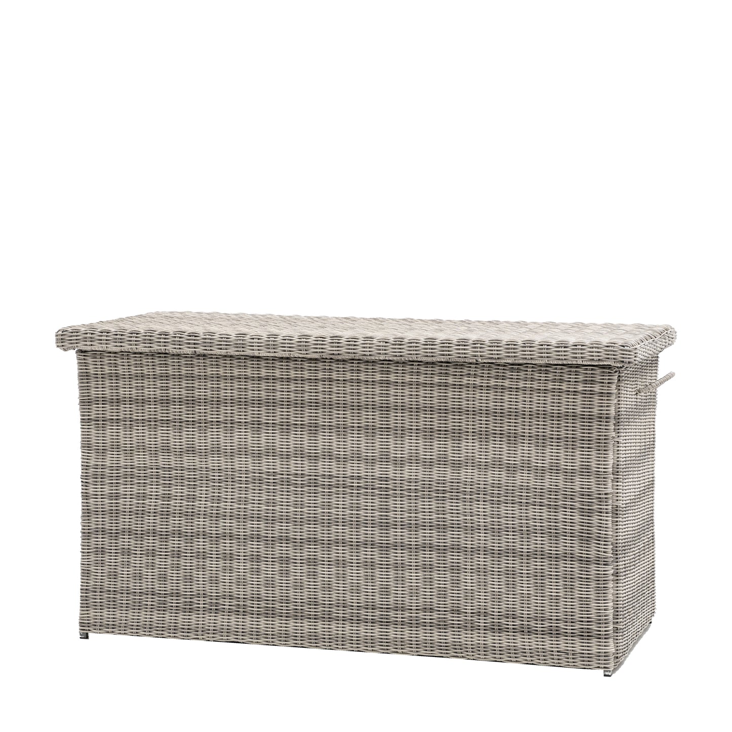 Gallery Garden Alton Woven Plastic Wicker Outdoor Storage Box in Salt Spray grey with a lift up lid and side handles