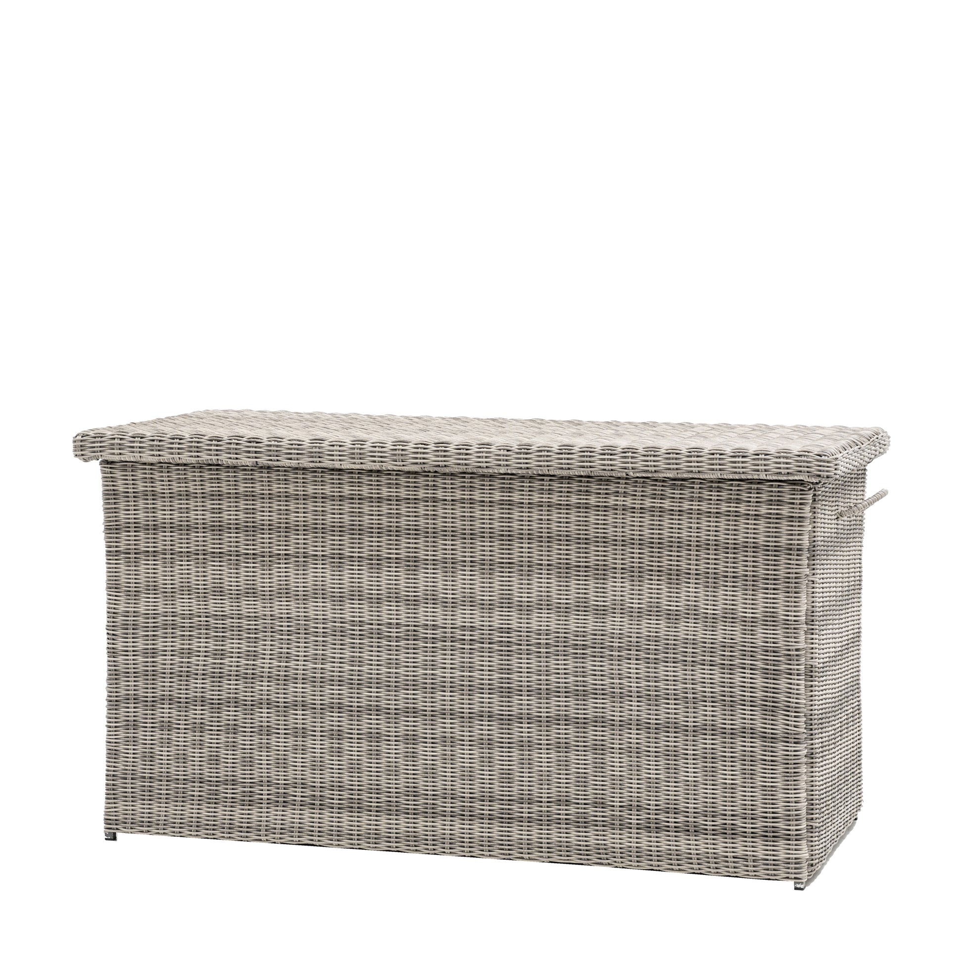Gallery Garden Alton Woven Plastic Wicker Outdoor Storage Box in Salt Spray grey with a lift up lid and side handles
