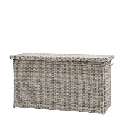Gallery Garden Alton Woven Plastic Wicker Outdoor Storage Box in Salt Spray grey with a lift up lid and side handles