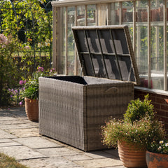 Gallery Garden Alton Outdoor Storage Box in Salt Spray is a shower proof wicker box with hinged lift up lid and inside lining