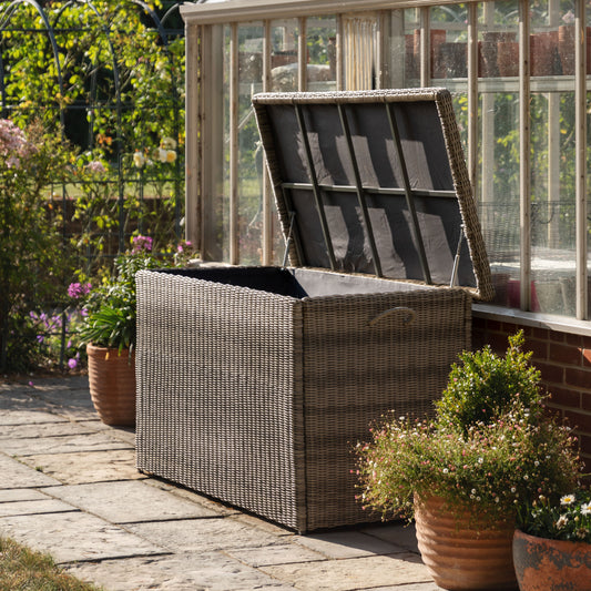 Gallery Garden Alton Outdoor Storage Box in Salt Spray is a shower proof wicker box with hinged lift up lid and inside lining