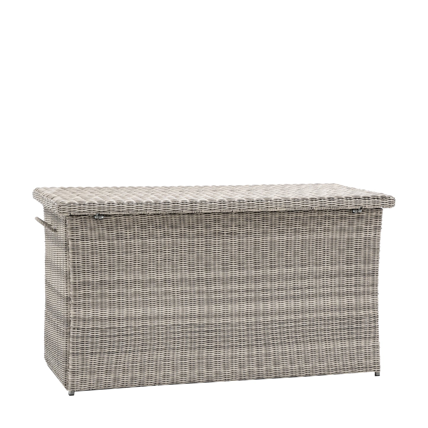 Gallery Garden Alton Outdoor Storage Box in Salt Spray grey plastic wicker with hinged lift up lid and side handles