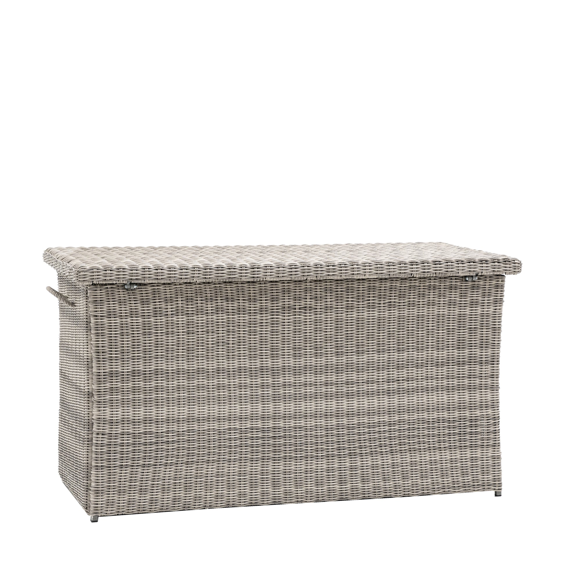 Gallery Garden Alton Outdoor Storage Box in Salt Spray grey plastic wicker with hinged lift up lid and side handles