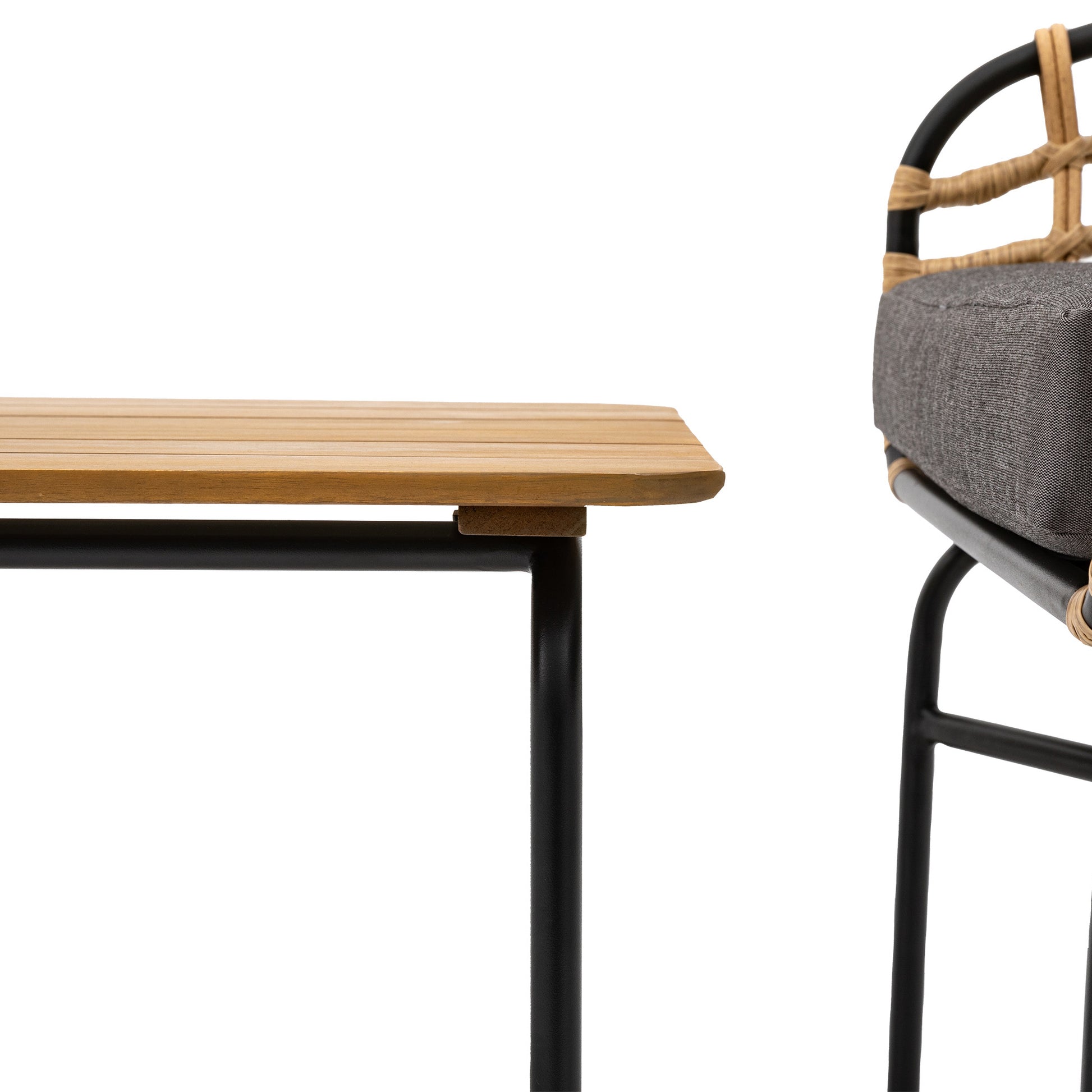 Gallery Garden Antigua Lounge Set is constructed from black powder coated steel frames, woven wicker details, acacia wooden table top and grey padded seat cushions