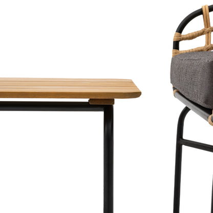 Gallery Garden Antigua Lounge Set is constructed from black powder coated steel frames, woven wicker details, acacia wooden table top and grey padded seat cushions