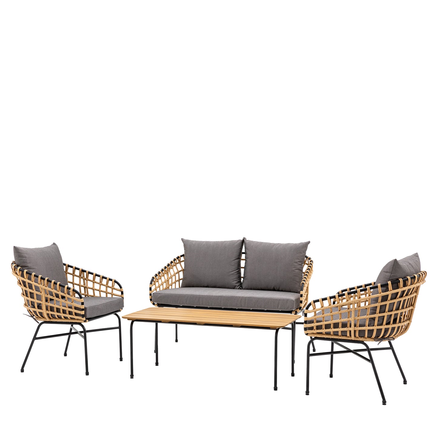 Gallery Garden Antigua Lounge Set features a 2 seater sofa, 2 armchairs and a matching coffee table with black metal frame, woven wicker detailing and grey padded cushions