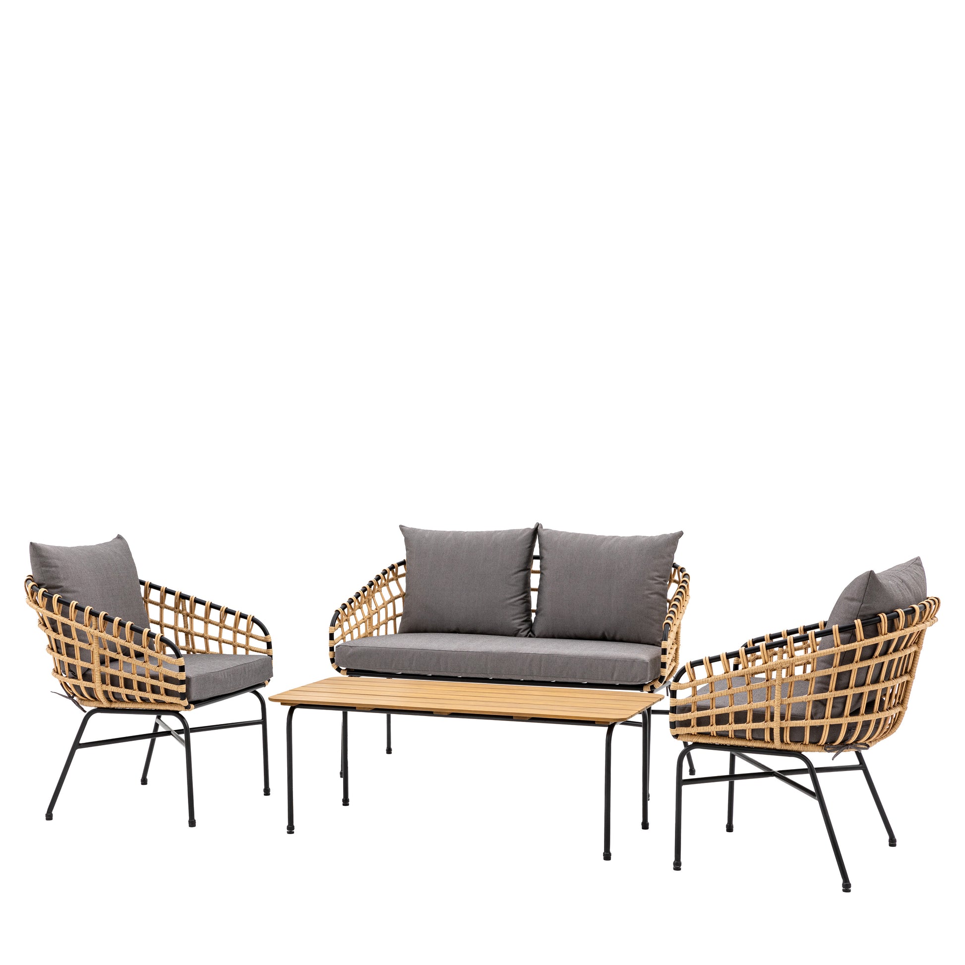 Gallery Garden Antigua Lounge Set features a 2 seater sofa, 2 armchairs and a matching coffee table with black metal frame, woven wicker detailing and grey padded cushions