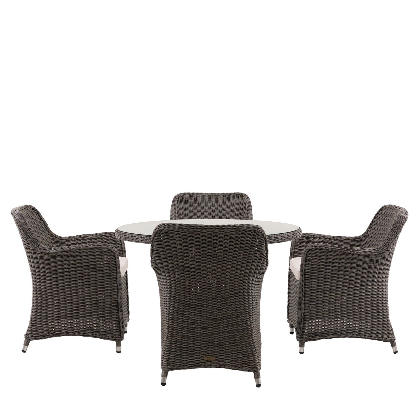 The Gallery Garden Ascot Dining Set features 4 armchairs with neutral coloured seat pads, and a round dining table with glass top and parasol hole
