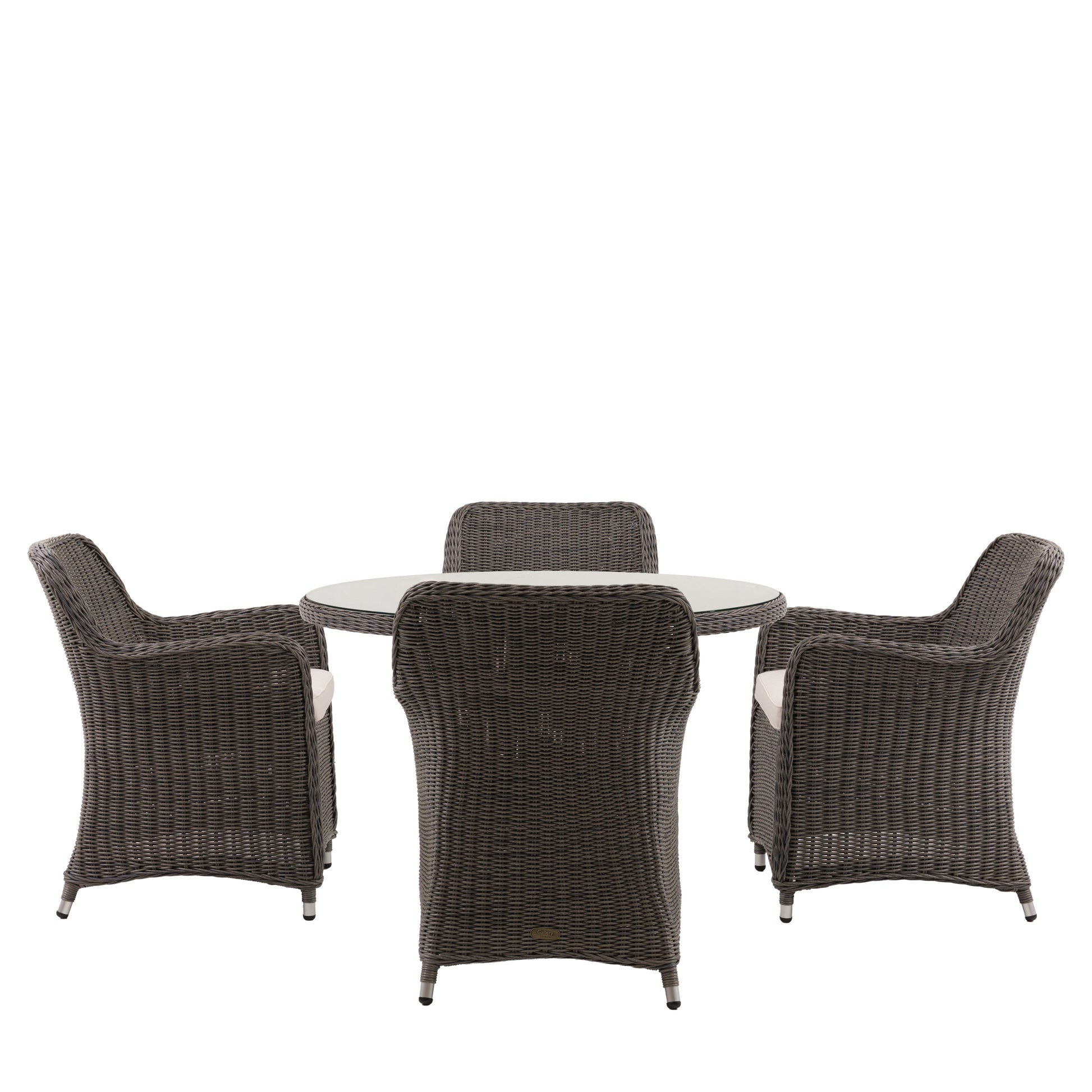 The Gallery Garden Ascot Dining Set features 4 armchairs with neutral coloured seat pads, and a round dining table with glass top and parasol hole