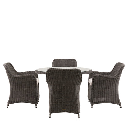 The Gallery Garden Ascot Dining Set features 4 armchairs with neutral coloured seat pads, and a round dining table with glass top and parasol hole