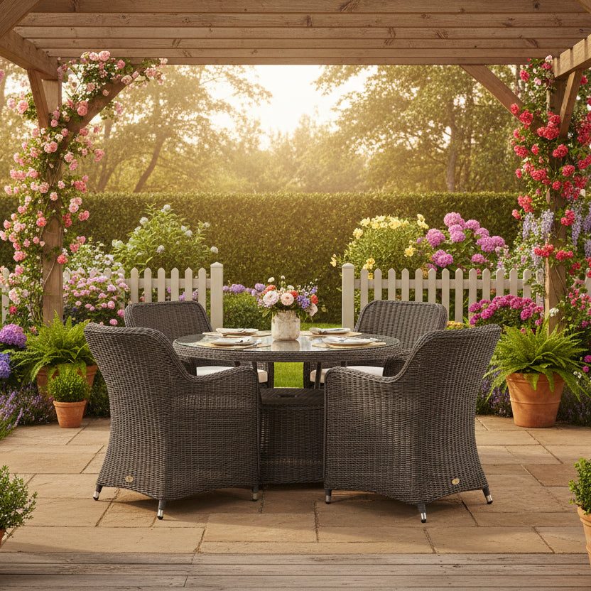 The Gallery Garden Ascot 4 Seater Round Dining Set features four matching armchairs with comfortable seat pads and a generously sized dining table with glass top and parasol hole