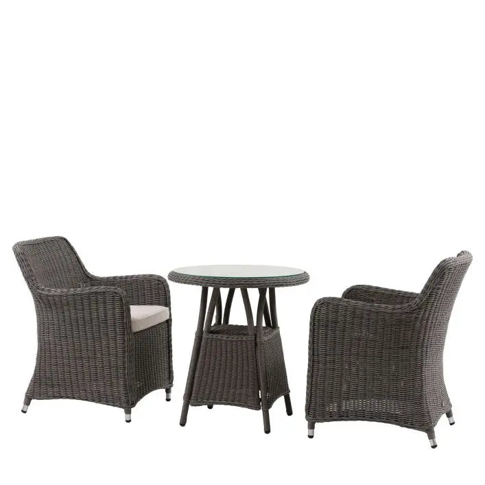 The Gallery Garden Ascot 3 Piece Outdoor Bistro Set features a round glass topped bistro table and 2 matching armchairs with seat pad
