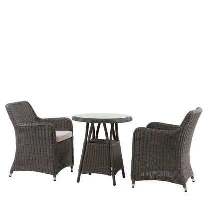 The Gallery Garden Ascot 3 Piece Outdoor Bistro Set features a round glass topped bistro table and 2 matching armchairs with seat pad
