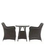 Gallery Garden Ascot Bistro Set features 2 poly rattan armchairs with seat pad, and a round glass topped table with lower shelf