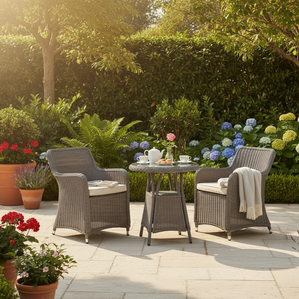 The Gallery Garden Ascot Bistro Set designed for compact outdoor spaces is a sophisticated 3 piece set comprising of 2 armchairs with cushioned seat pads and a glass top small round table
