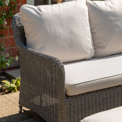 Gallery Garden Ascot Corner Dining Set features a PE wicker frame with natural coloured plush seat cushions