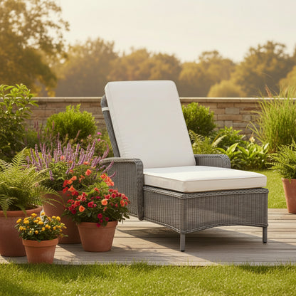 Gallery Garden Ascot Lounger makes a sophisticated seating option for summer  outdoor living, with a sea salt grey wicker frame and natural coloured cushions