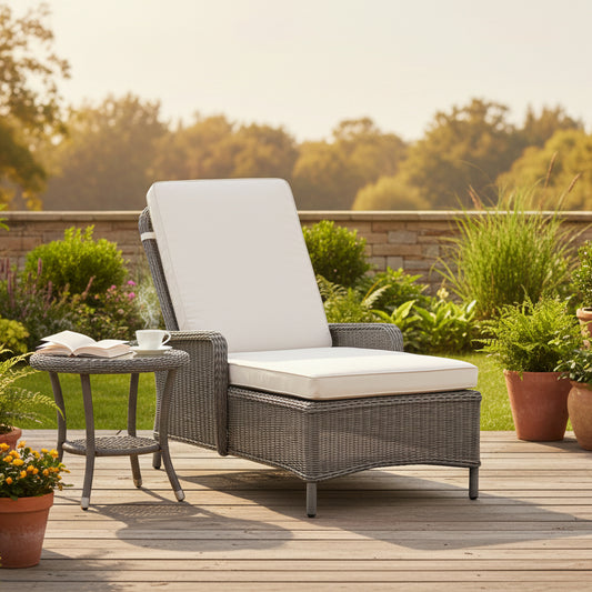 Gallery Garden Ascot Lounger makes a sophisticated seating option for summer  outdoor living, with a sea salt grey wicker frame and natural coloured cushions