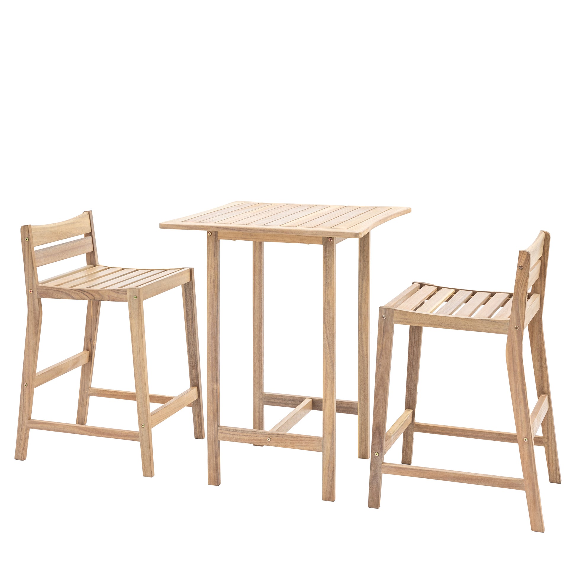 Gallery Garden Astakos High Bar Set comprises of a square slatted top bar table and 2 bar chairs with low backrest and slatted seat, made from acacia wood with an oiled finish