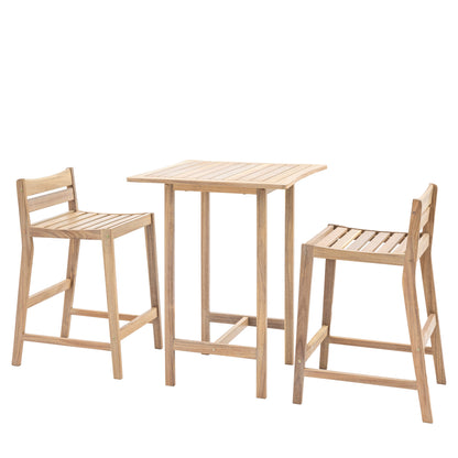 Gallery Garden Astakos High Bar Set comprises of a square slatted top bar table and 2 bar chairs with low backrest and slatted seat, made from acacia wood with an oiled finish
