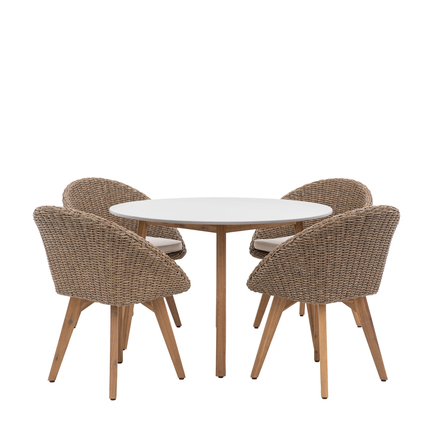 Gallery Garden Avena 4 Seater Dining Set features a round tempered glass table top with 4 natural woven wicker chairs with seat cushions and acacia wood legs