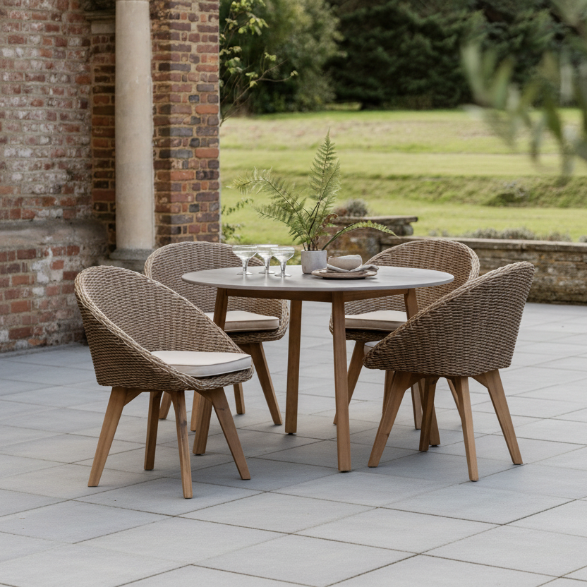 Gallery Garden Avena 4 Seater Round Dining Set features a striking round table and 4 woven wicker chairs with comfortable seat pads