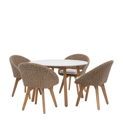 Gallery Garden Avena 4 Seater Round Dining Set comprises of 4 woven wicker style chairs with rounded design and a natural coloured seat cushion, and a tempered glass topped table with wooden legs