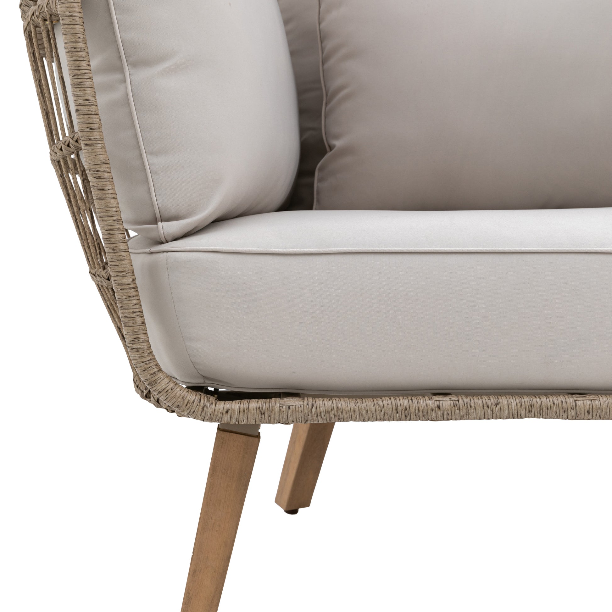 Gallery Garden Avena Egg Chair features an open wickerwork frame, wood legs and natural toned generously padded cushions