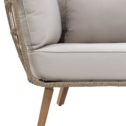 Gallery Garden Avena Egg Chair features an open wickerwork frame, wood legs and natural toned generously padded cushions