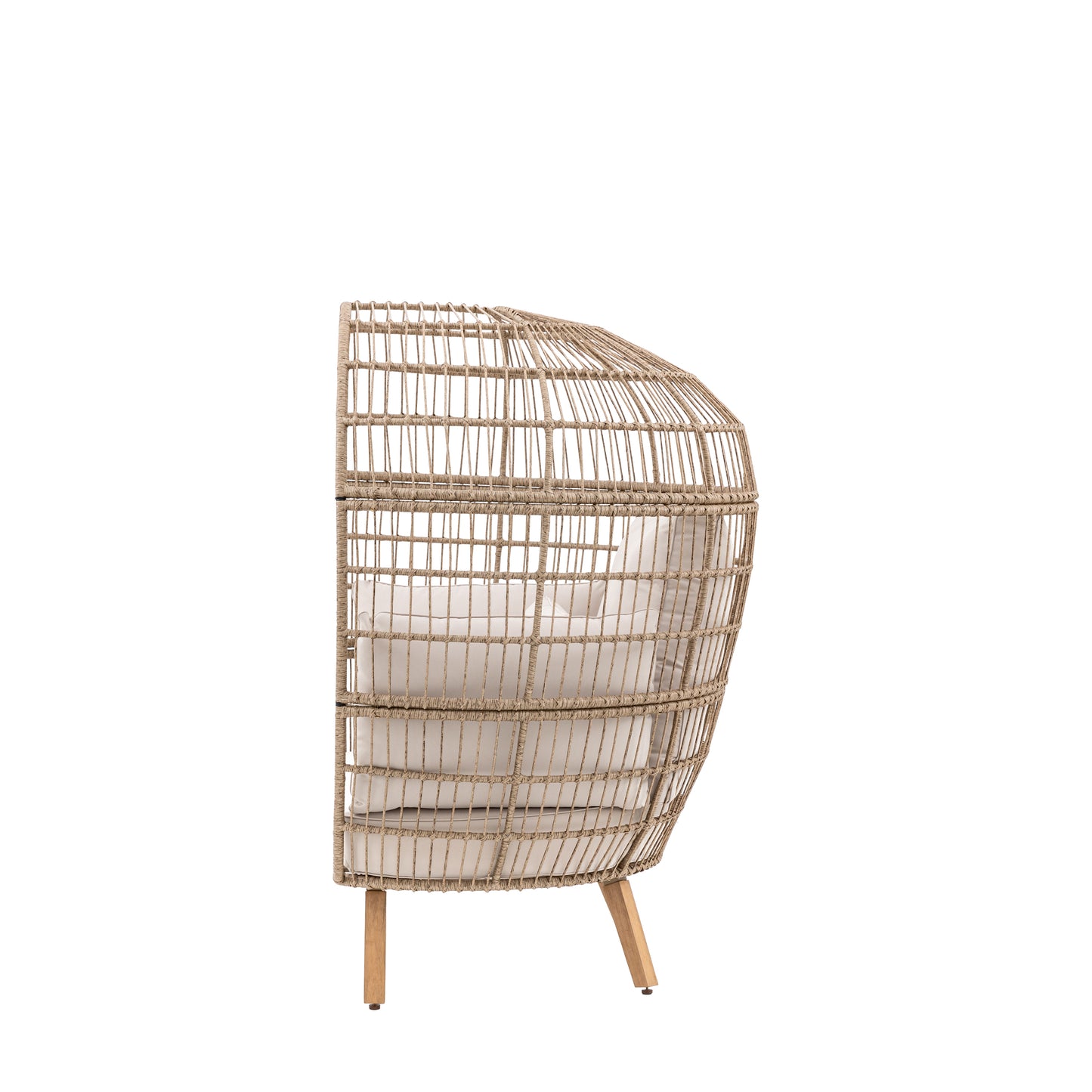 Gallery Garden Avena Egg Chair features a tall and rounded, open wickerwork frame with natural toned cushions and acacia wood legs